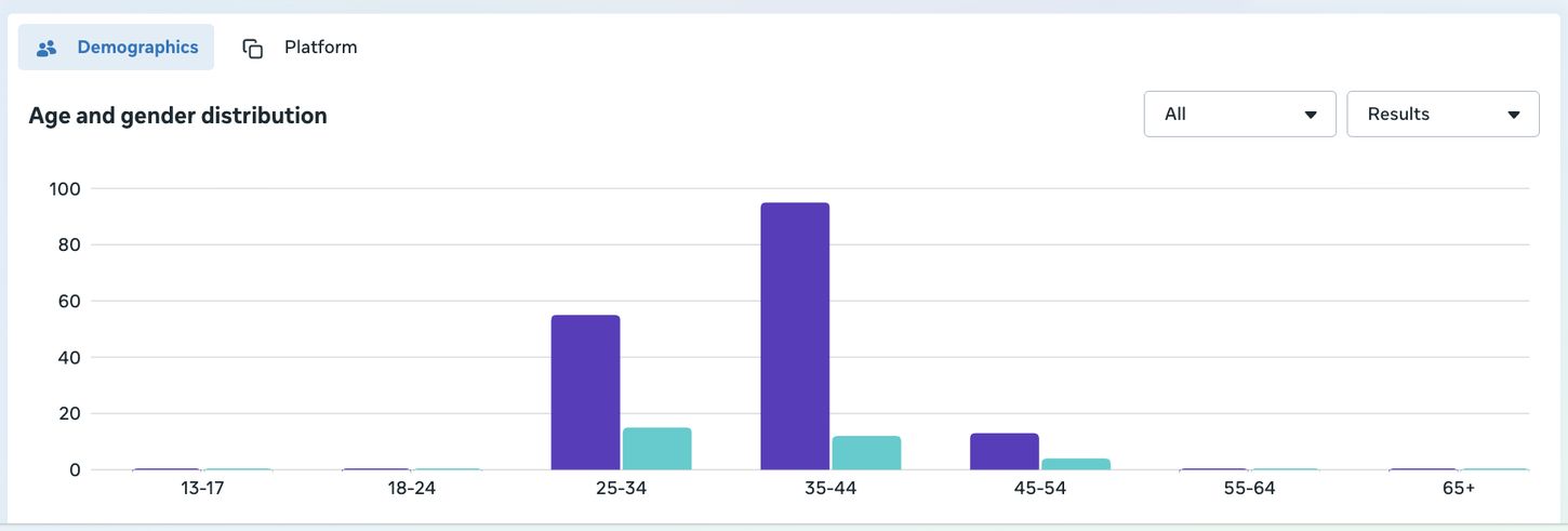 Age and gender distribution of campaign leads, concentrated in the 25-34 and 35-44 age bands