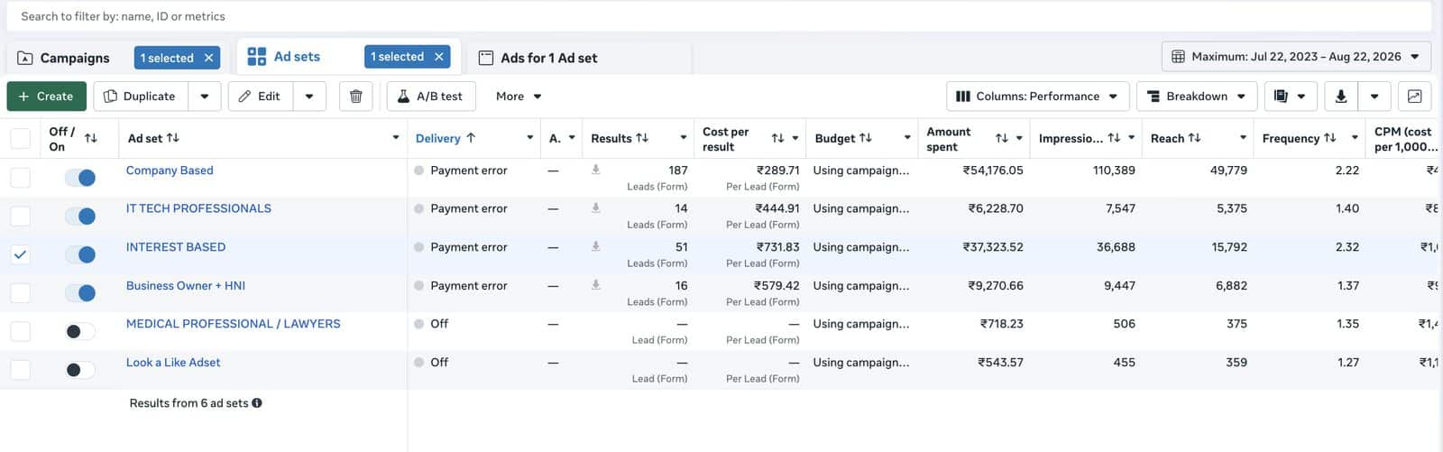 Ad set level breakdown showing six audience segments — Company Based, IT Tech Professionals, Interest Based, Business Owner plus HNI, Medical Professional / Lawyers, and Look-a-Like